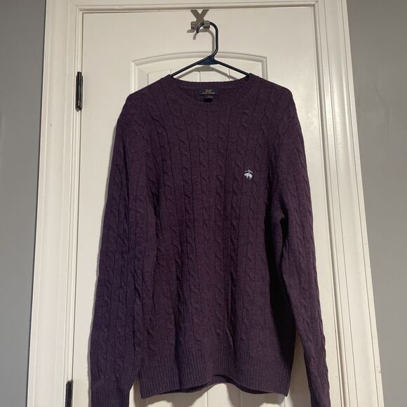 Mens Brooks Brothers 346 Lambs wool Cable V Neck Sweater Dark Purple L - Picture 1 of 8